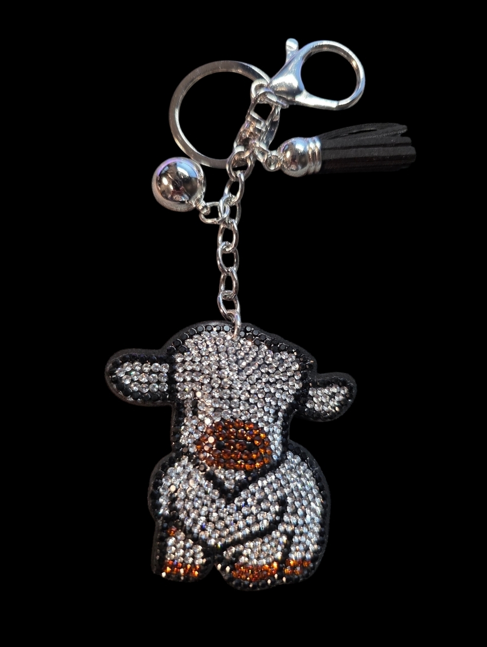 Silver and Brown Rhinestone Baby Cow Bag Charm Keychain